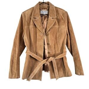 Wilsons Leather Maxima Brown Suede Genuine Leather Belted Jacket Womens Size L